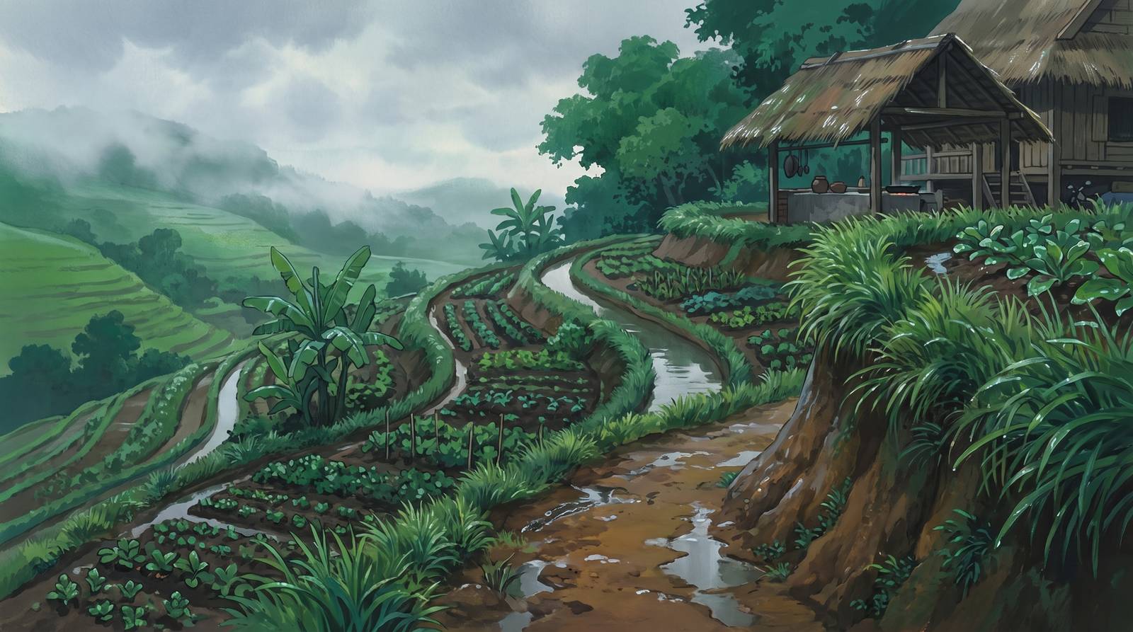 The path down past wet terraces