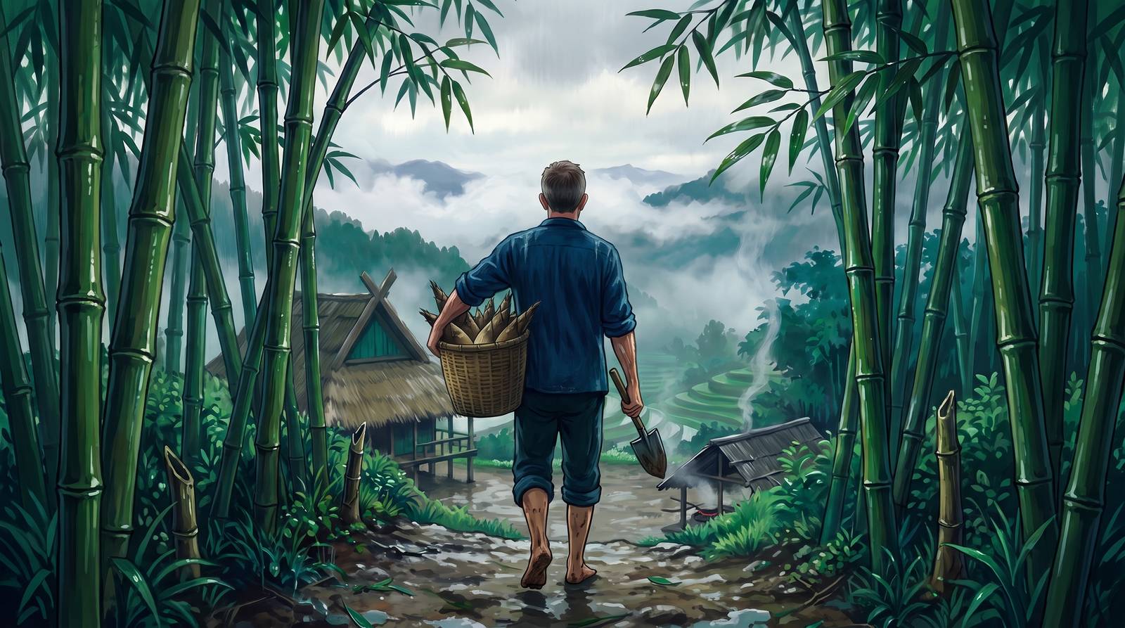 Carrying the basket home from the bamboo grove